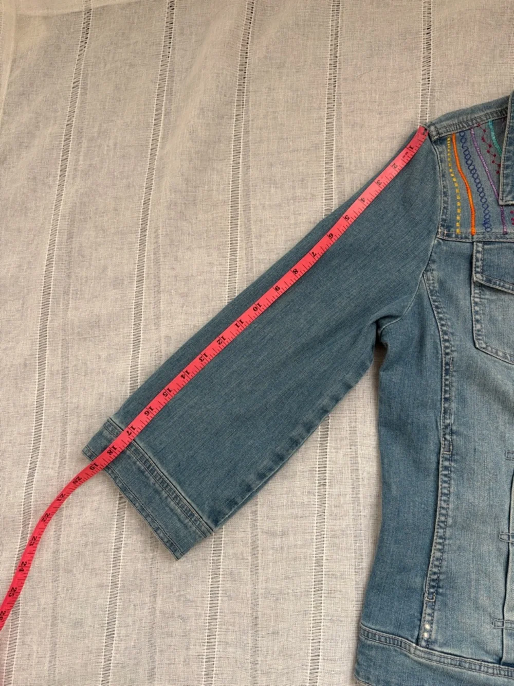 J. Jill Light Blue Denim Jacket with Multicolor Embroidered Yoke - Picture 13 of 13